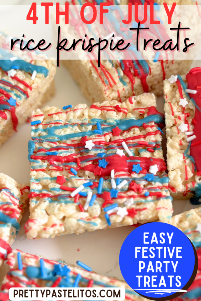These 4th of July Rice Krispie Treats are soft brown butter cereal treats drizzled with red and blue candy melts and topped with patriotic sprinkles.