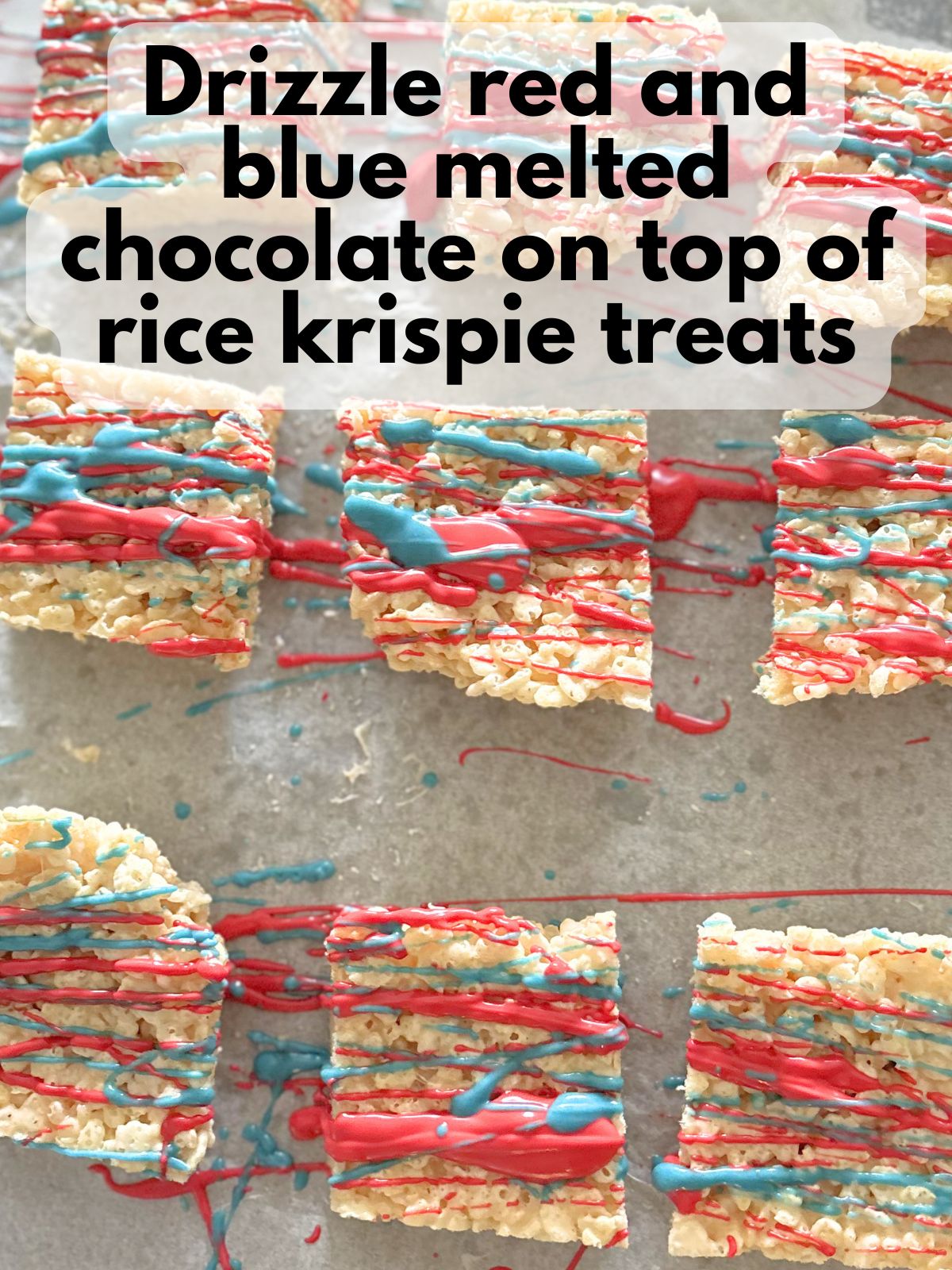 melted red and blue chocolate drizzled over rice krispie treats