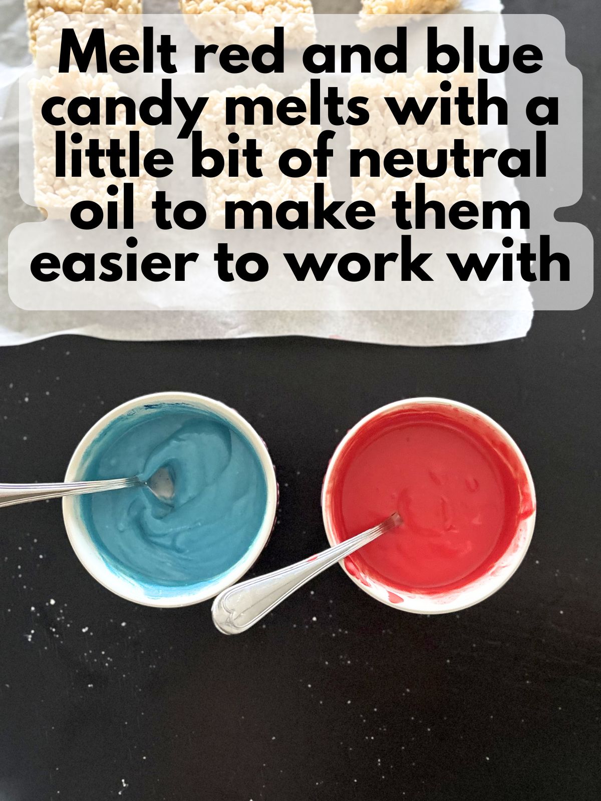 melted red and blue chocolate in bowls