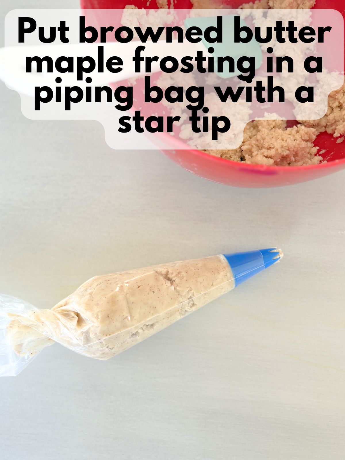 brown butter maple frosting in a piping bag