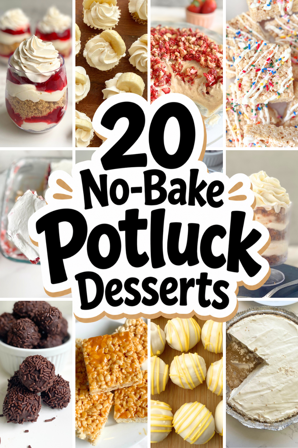 These easy no-bake potluck desserts have you covered for your next gathering! If you want something fast and easy that can still feed a crowd, check out some of these yummy treats. best potluck desserts, best desserts for a crowd, make ahead desserts for a crowd, potluck ideas desserts, pot luck desserts for a crowd, desserts to bring to potluck