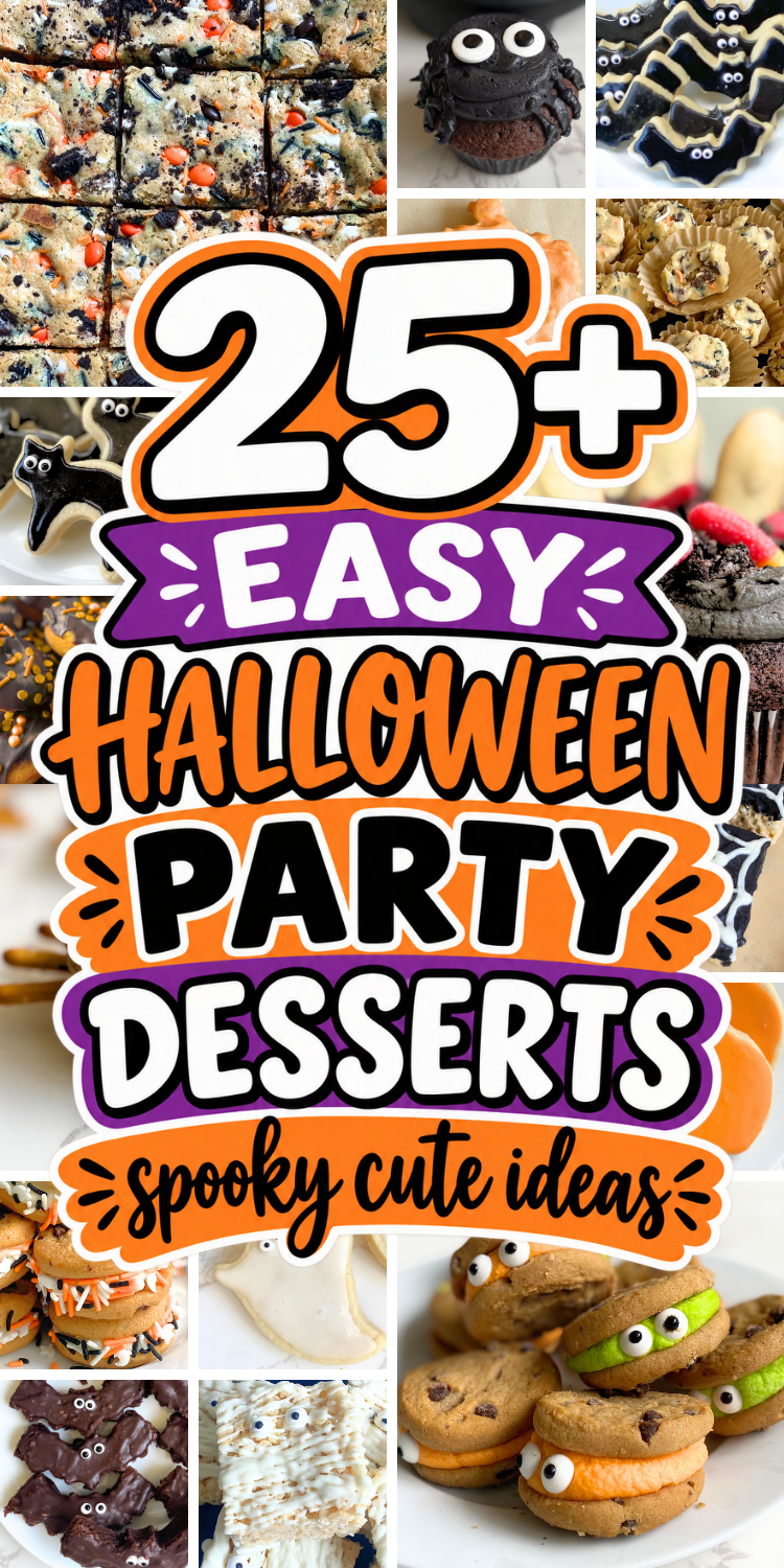 This collection of 25 easy Halloween party desserts brings together some of the best halloween desserts for feeding a crowd without spending all day in the kitchen. Most of these use simple shapes and store-bought candy for the spooky details, so decorating stays quick even with guests on the way. Easy halloween treats for party, easy halloween desserts for parties, halloween dessert ideas easy, easy halloween party desserts, halloween dessert recipes, easy halloween treats for party