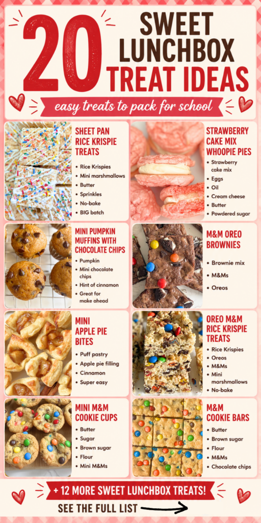 Sweet snack ideas like these 20 lunchbox treats are perfect when you want something fun and homemade to tuck into a lunchbox. From M&M cookie bars and Oreo brownies to mini muffins, Rice Krispie treats, and easy apple pie bites, there are plenty of colorful treats to choose from.