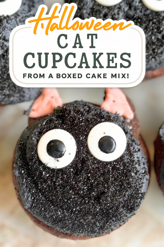 Easy Black Cat Cupcakes made with chocolate cake mix, black vanilla buttercream, Oreo ears, candy eyes and sanding sugar for Halloween.