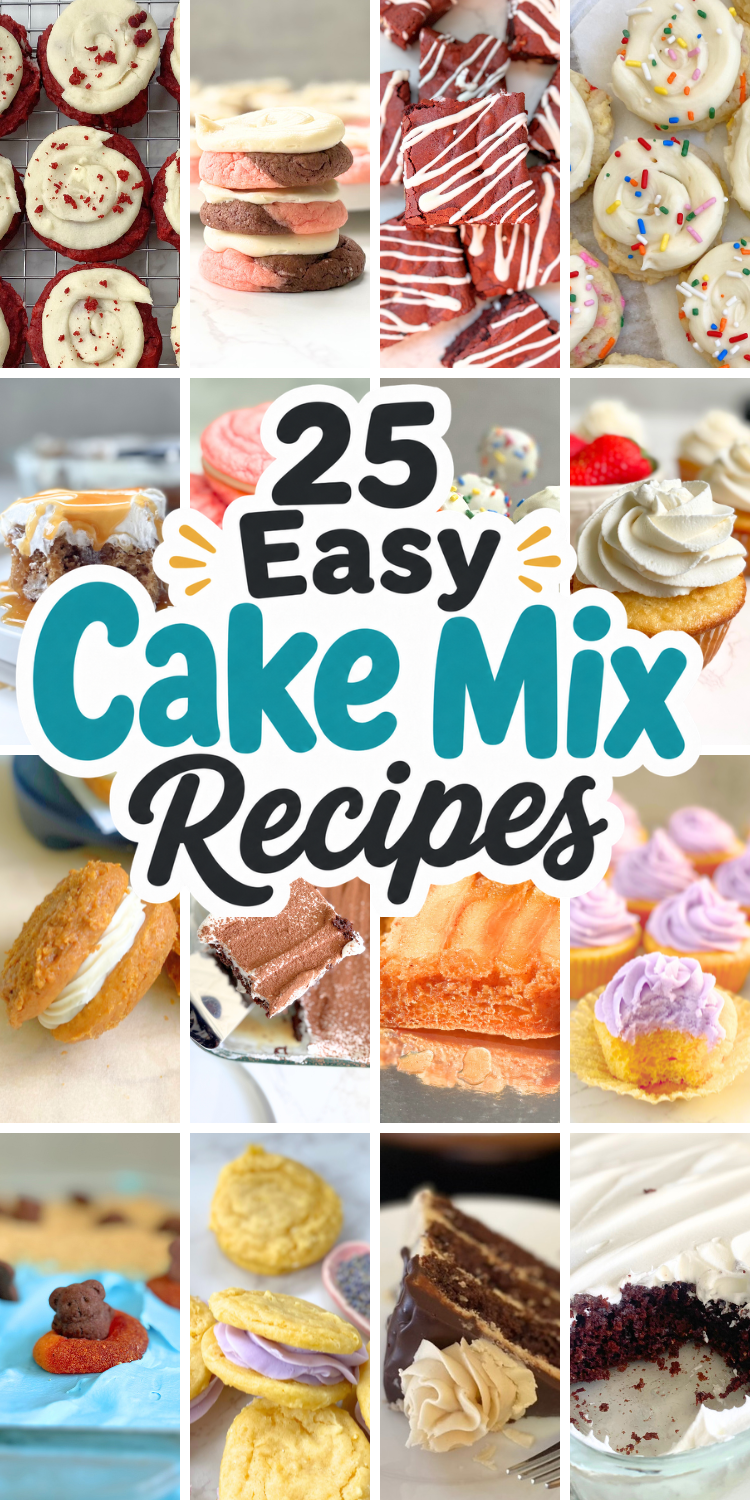 Turn a simple box of cake mix into cookies, cupcakes, poke cakes, brownies, cobblers, cake pops, and more. These 25 easy cake mix recipes are simple, creative, and perfect for parties, holidays, or quick family desserts.