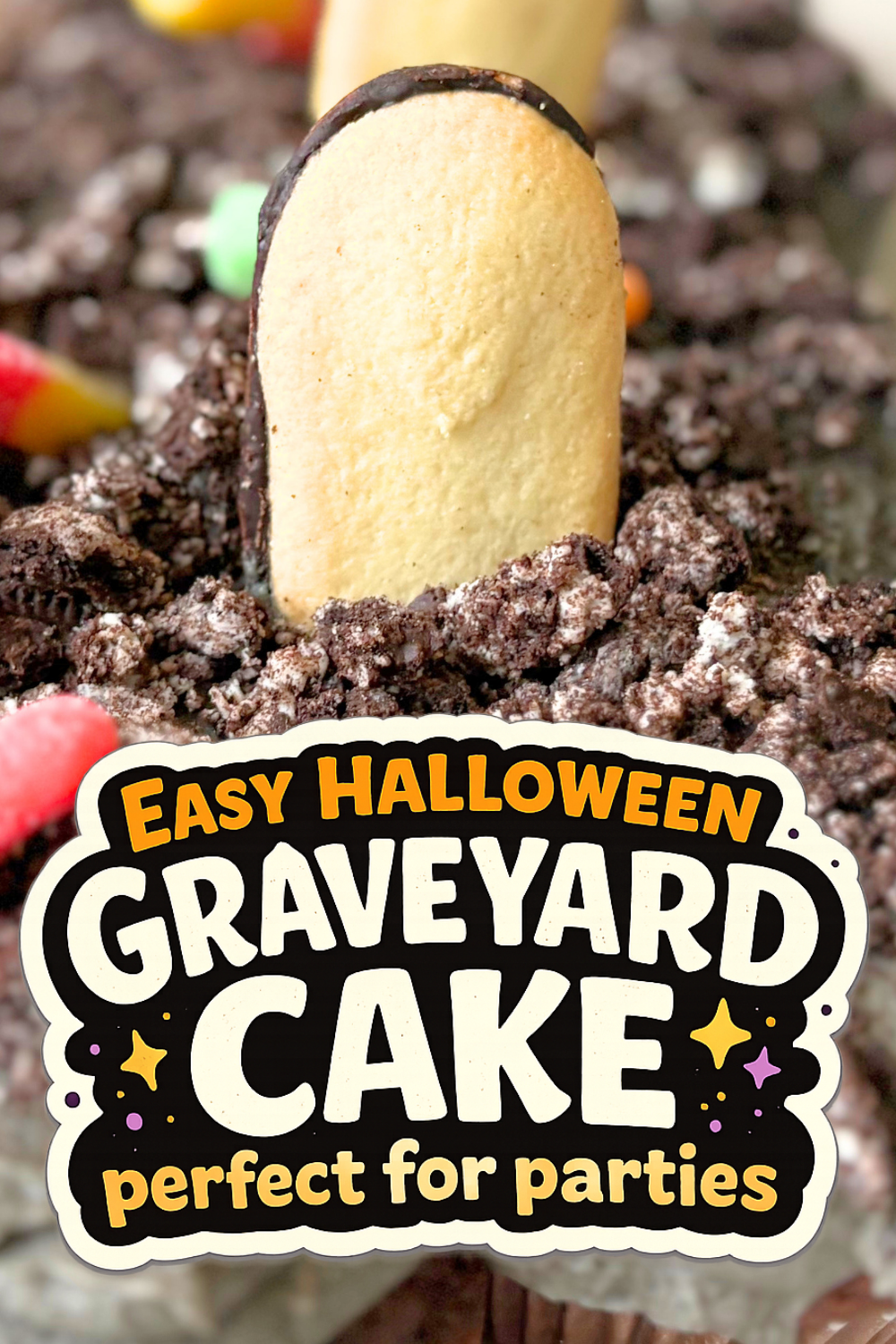 Make a spooky cute Graveyard pull apart cupcake cake for Halloween with chocolate cupcakes, black vanilla buttercream, Oreo “dirt,” and Milano cookie tombstones. Easy, fun Halloween cupcake cake pull apart that busy bakers can whip up fast. 