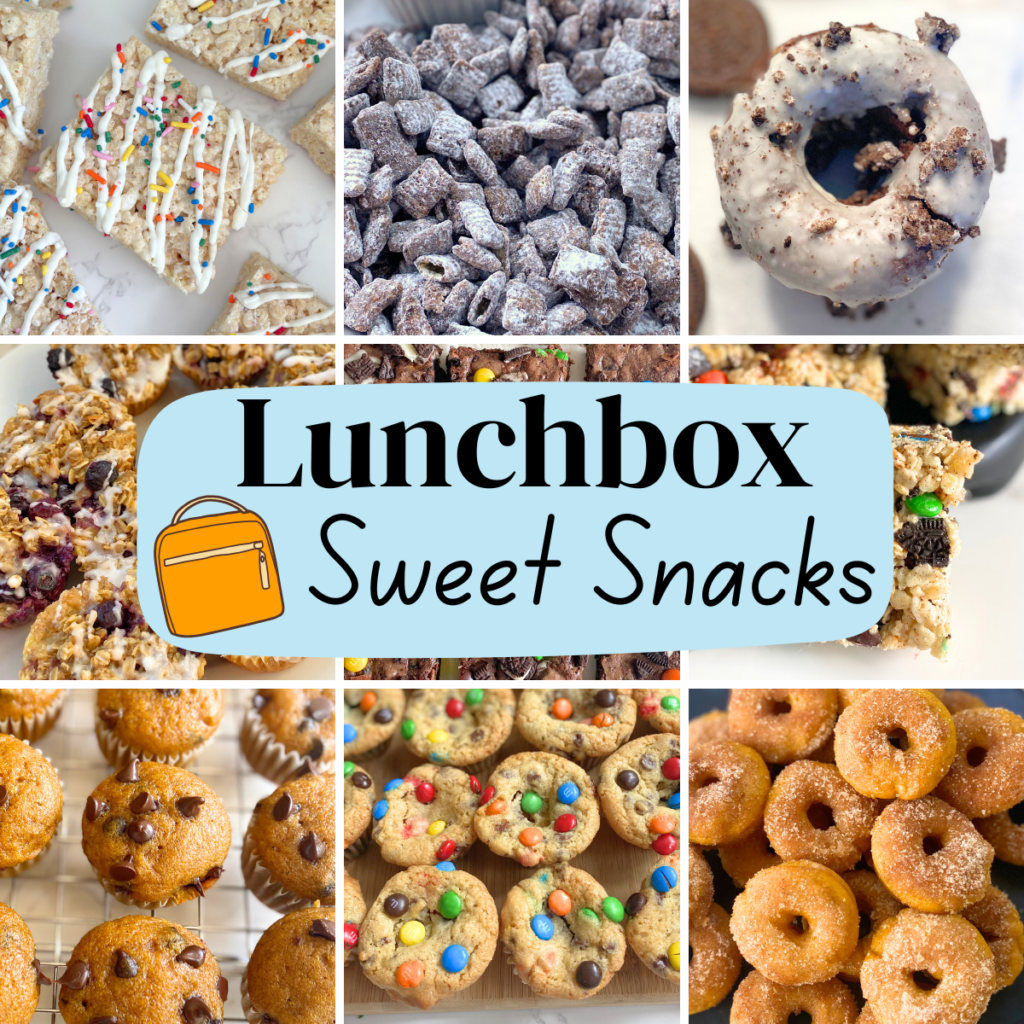Easy sweet snack ideas for kids’ lunchboxes, including mini muffins, oatmeal cups, Rice Krispie treats, cookies, brownies, and other packable treats.