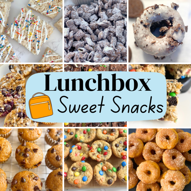 Easy sweet snack ideas for kids’ lunchboxes, including mini muffins, oatmeal cups, Rice Krispie treats, cookies, brownies, and other packable treats.