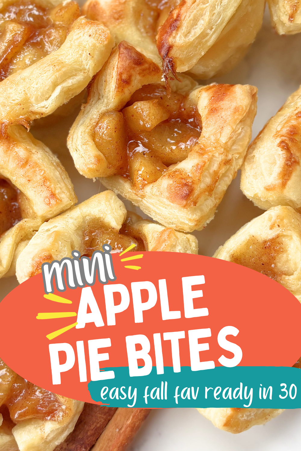Make easy mini apple pie bites with puff pastry, canned apple pie filling, cinnamon, and nutmeg. A quick bite-size dessert baked in a mini muffin tin.