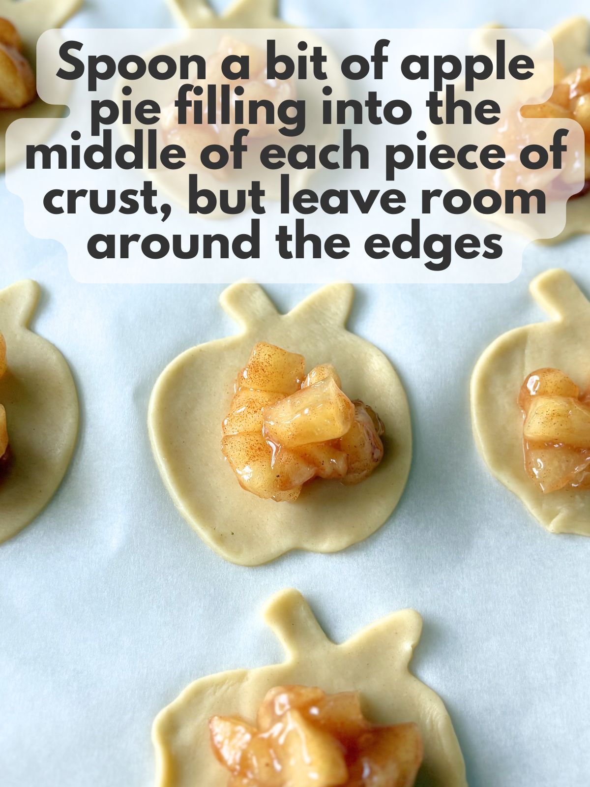 chopped apple pie filling spooned into the center of the pie crust pieces
