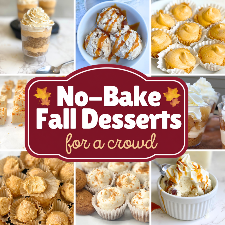 20+ no-bake fall desserts perfect for feeding a crowd! Easy, make-ahead treats like pumpkin cheesecake bites, apple pie parfaits, and gingersnap fudge.