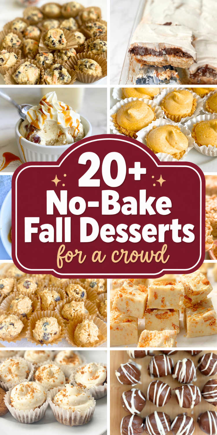 21 no-bake fall desserts perfect for feeding a crowd! Easy, make-ahead treats like pumpkin cheesecake bites, apple pie parfaits, and gingersnap fudge.