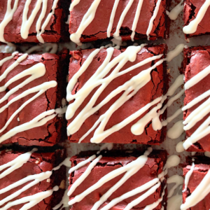 sheet pan red velvet brownies