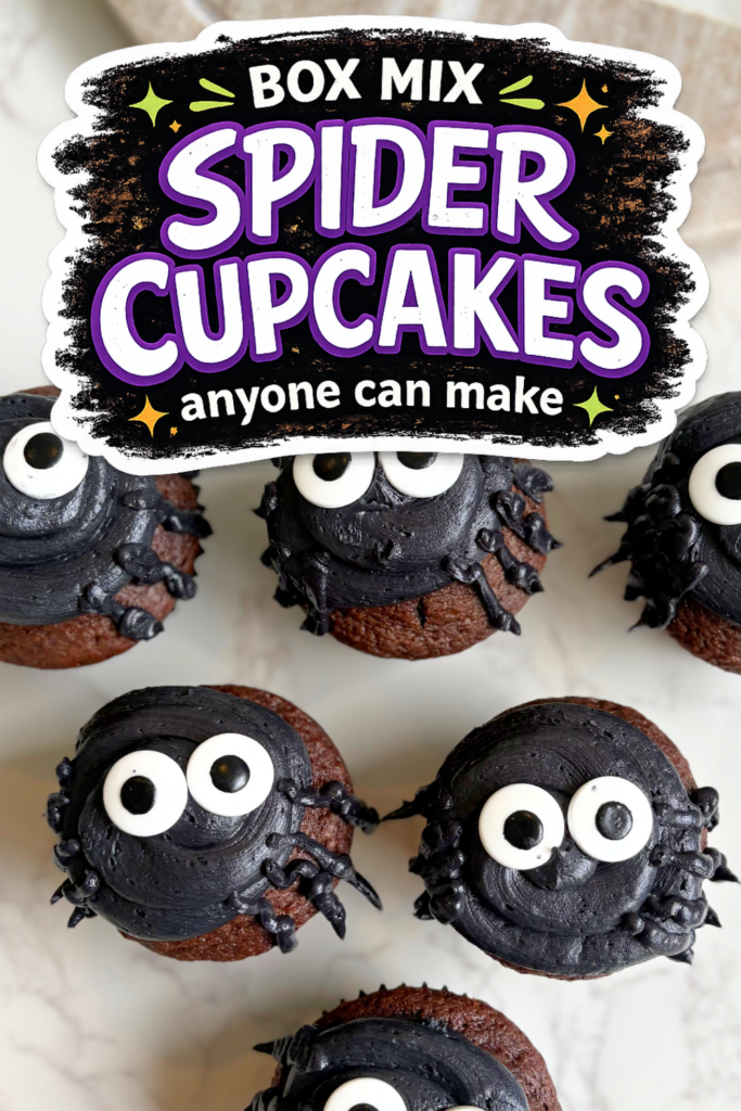Make these easy spider cupcakes with a chocolate cake mix, black vanilla buttercream and candy eyes. These easy Halloween cupcakes are perfect for parties, school events and busy weeknights. 