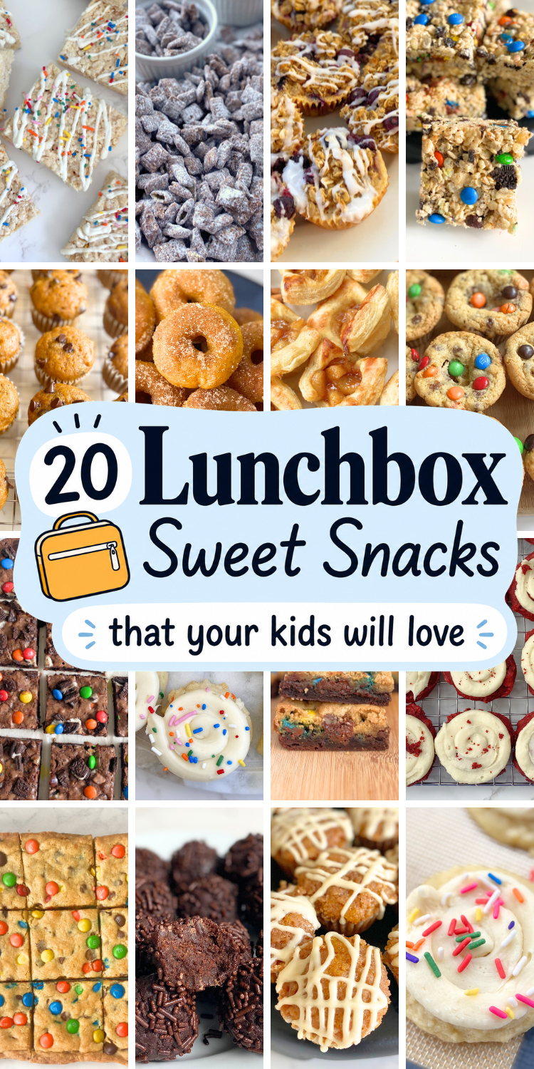 Easy sweet snack ideas for kids’ lunchboxes, including mini muffins, oatmeal cups, Rice Krispie treats, cookies, brownies, and other packable treats.