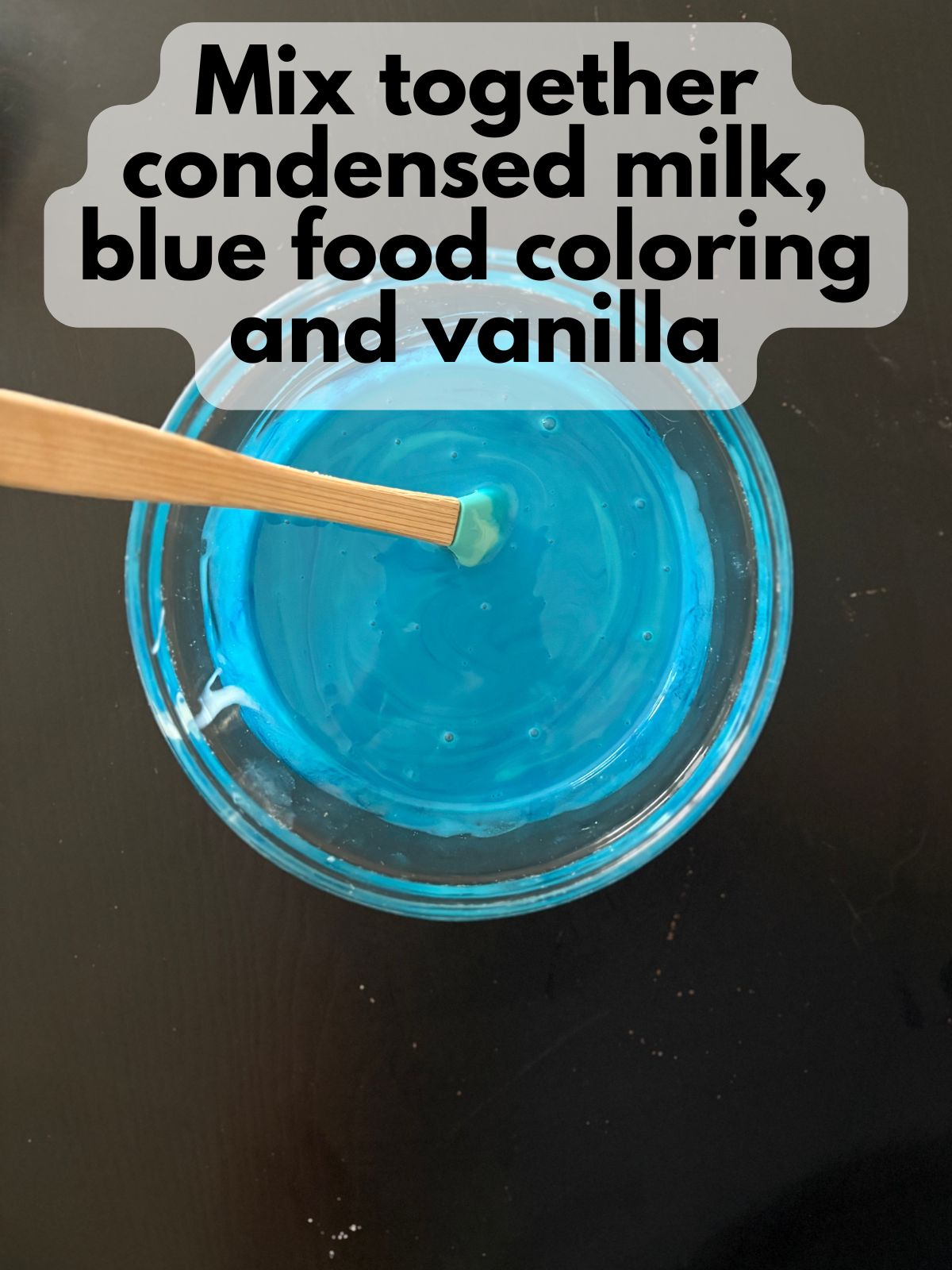 sweetened condensed milk mixed with blue food coloring and vanilla