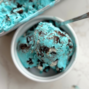 blue oreo ice cream in a bowl