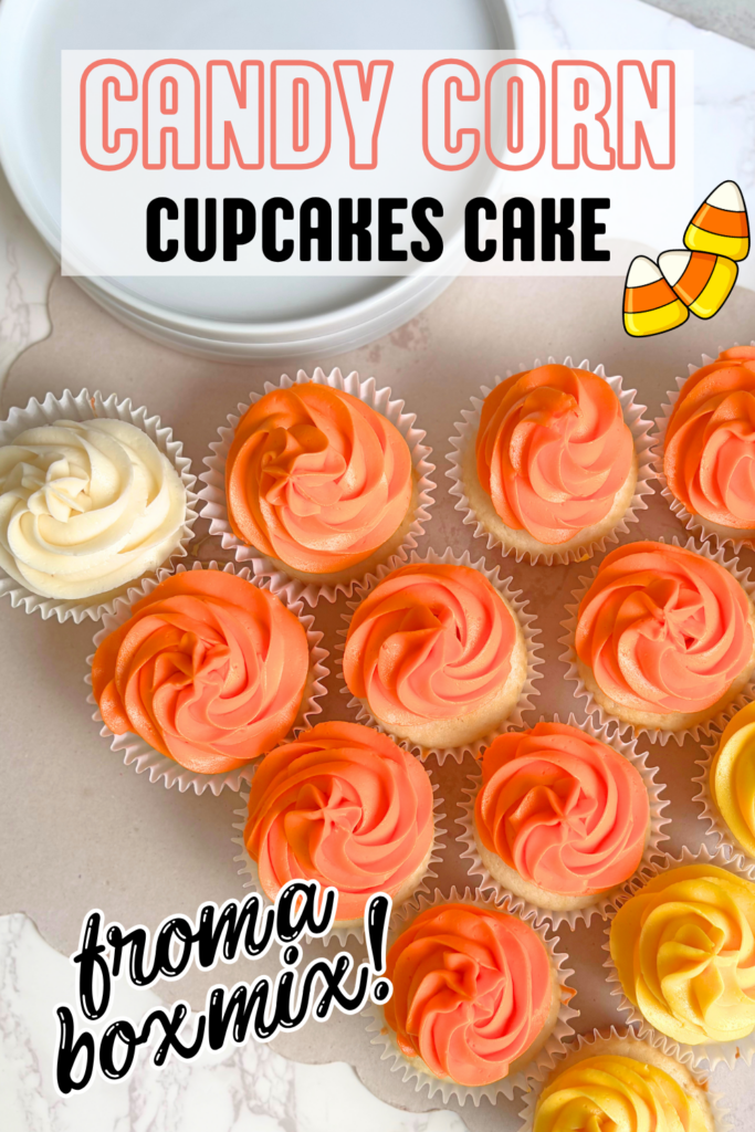 Make a cute Candy Corn Cupcake Cake using a simple white cake mix and easy buttercream frosting. This pull apart cupcake cake is one of the easiest Halloween cupcakes ideas; perfect for parties, potlucks and quick Halloween desserts. 