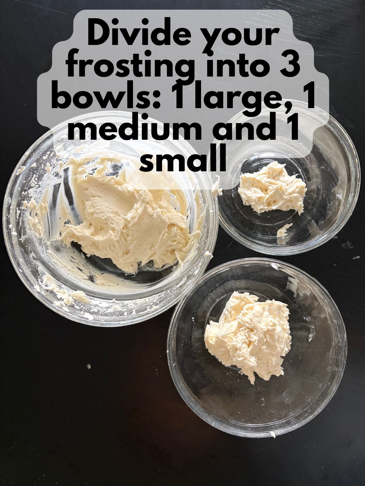 vanilla buttercream divided into 3 parts