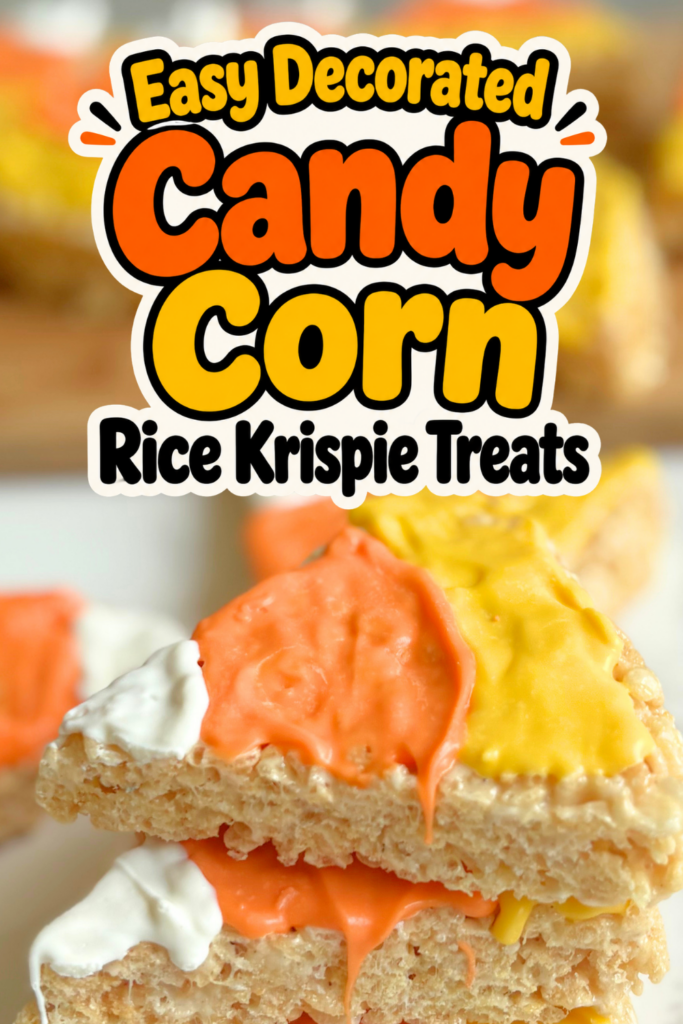 These Candy Corn Rice Krispie Treats are easy no bake Halloween treats; soft brown butter rice krispie squares cut into wedges and dipped in yellow, orange, and white candy melts for the cutest candy corn look. Perfect for parties and busy weeknights.