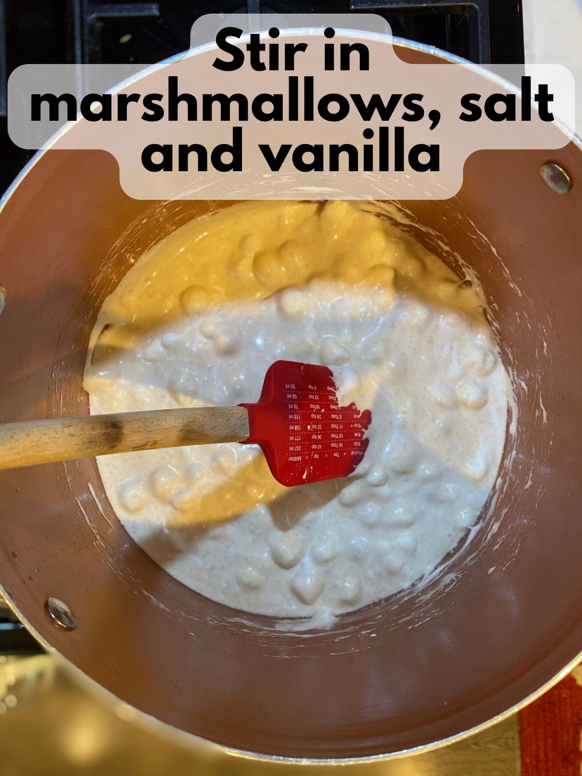 melted marshmallows with vanilla and salt in a pan