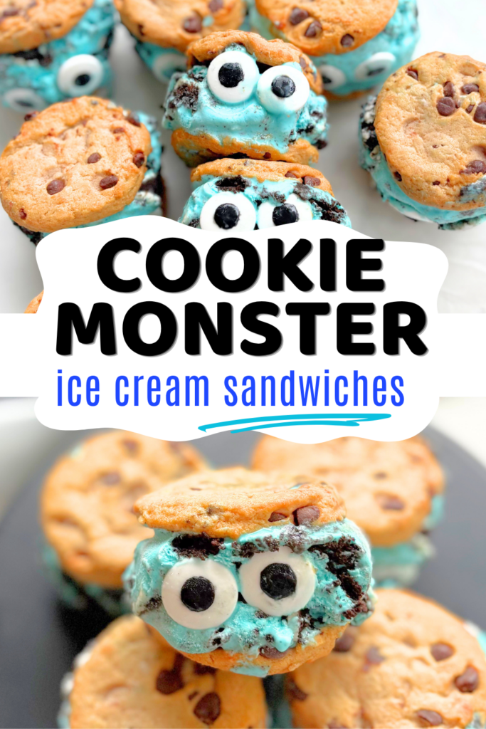 Make adorable Cookie Monster Ice Cream Sandwiches with Chips Ahoy, ice cream, and candy eyes. These no bake Halloween desserts come together in minutes and are perfect as easy Halloween party treats you can make ahead.