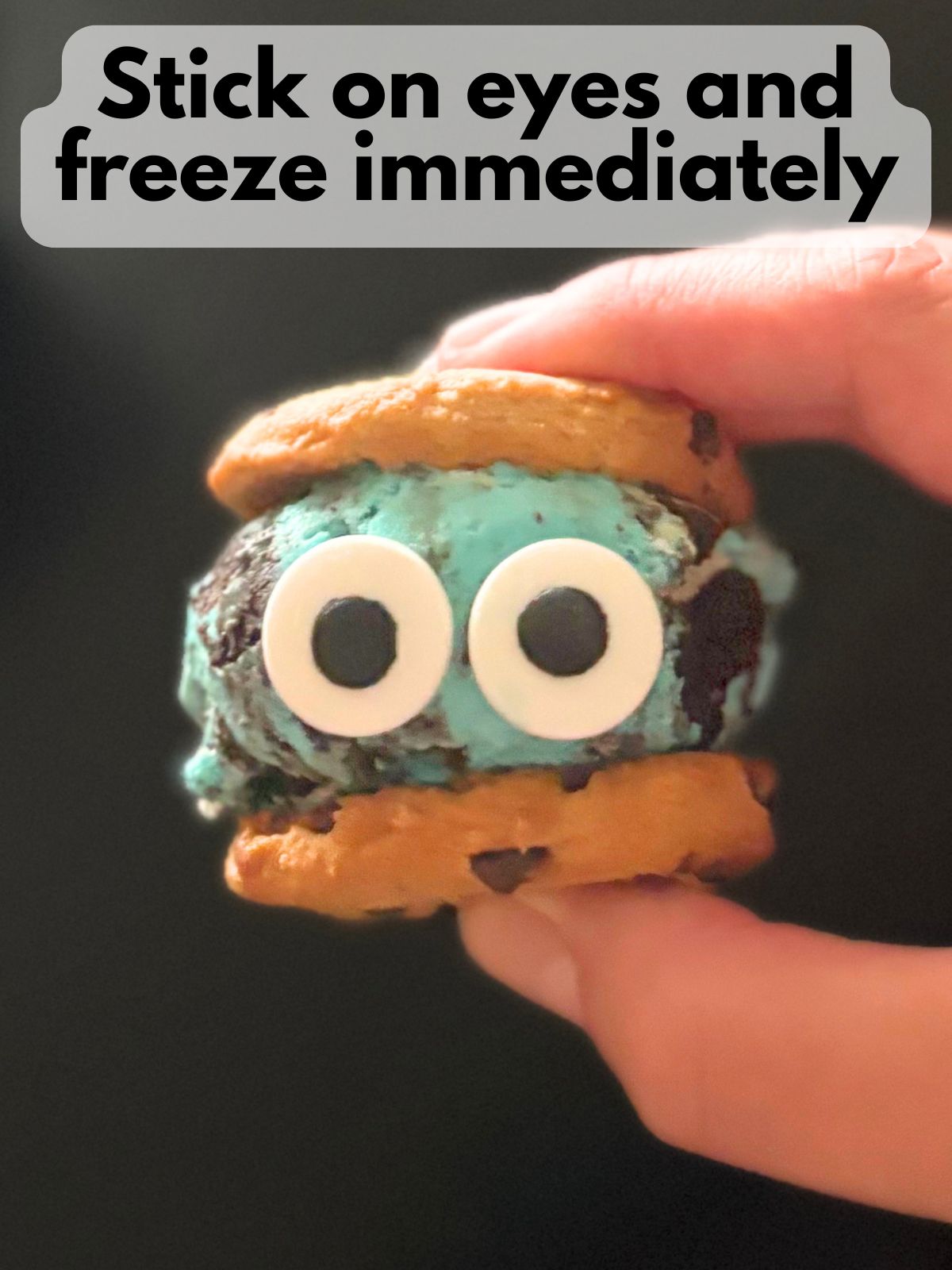 candy eyes pressed into the sides of an ice cream sandwich