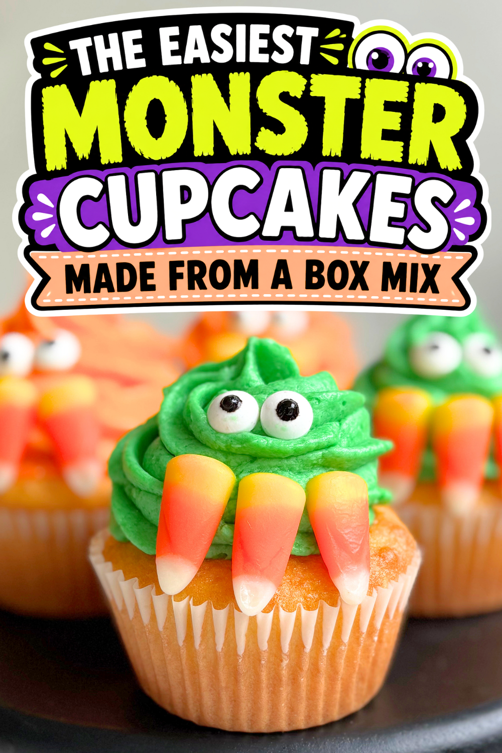 Make these Easy Cute Monster Cupcakes with a simple yellow cake mix, fluffy vanilla buttercream, candy eyes and candy corn teeth. The perfect quick Halloween cupcakes for busy bakers who want fun, pretty desserts without the stress.