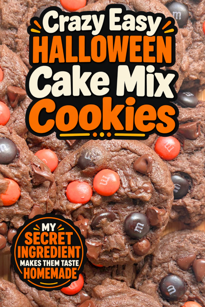Make soft, festive Halloween Cake Mix Cookies in under 30 minutes using a box of chocolate cake mix, chocolate chips, and Halloween M&M’s. Perfect easy Halloween party desserts for busy nights.