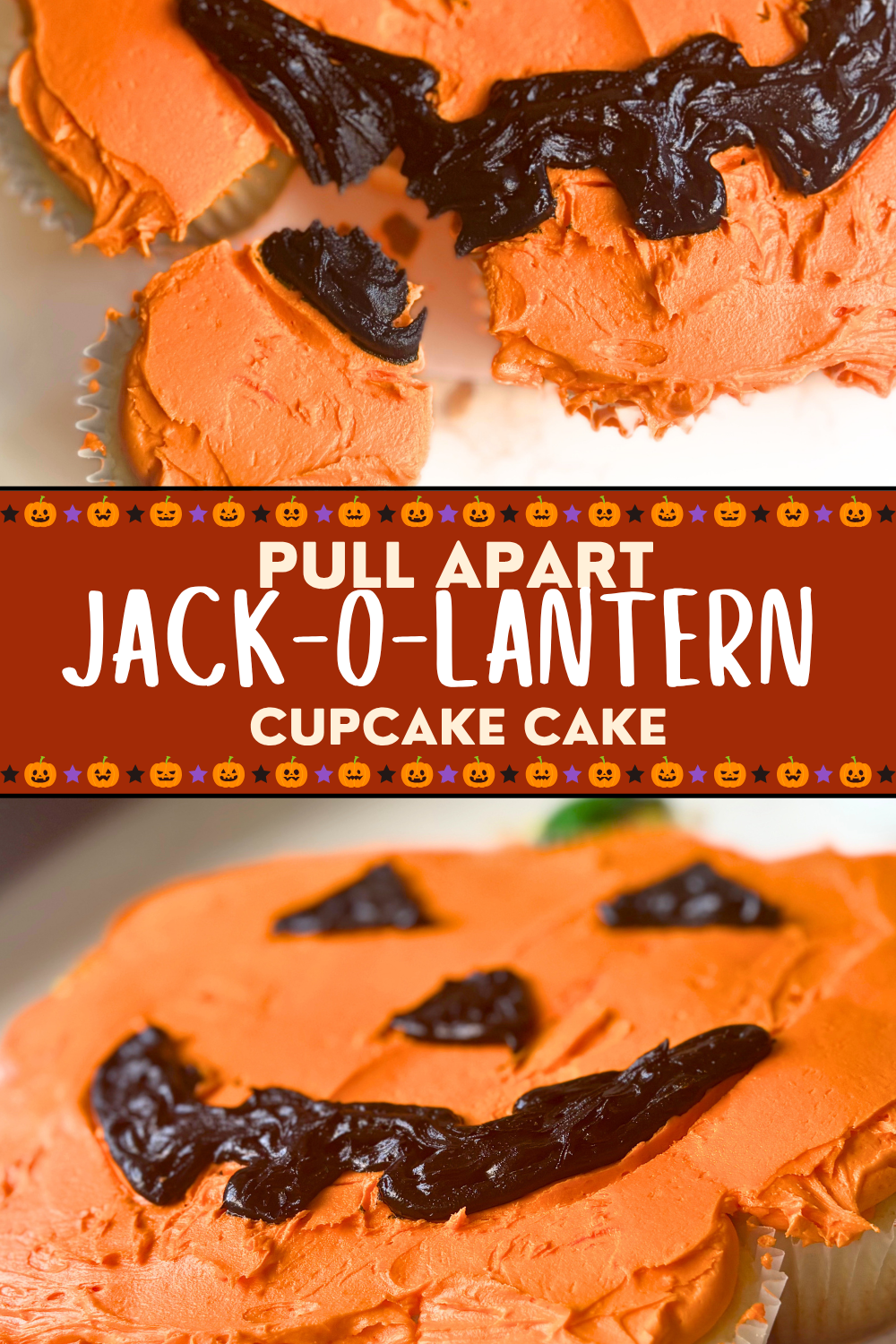 Make this easy Jack-o-Lantern Pull Apart Cupcake Cake with a boxed cake mix, orange buttercream, and decorating icing for the perfect Halloween dessert.