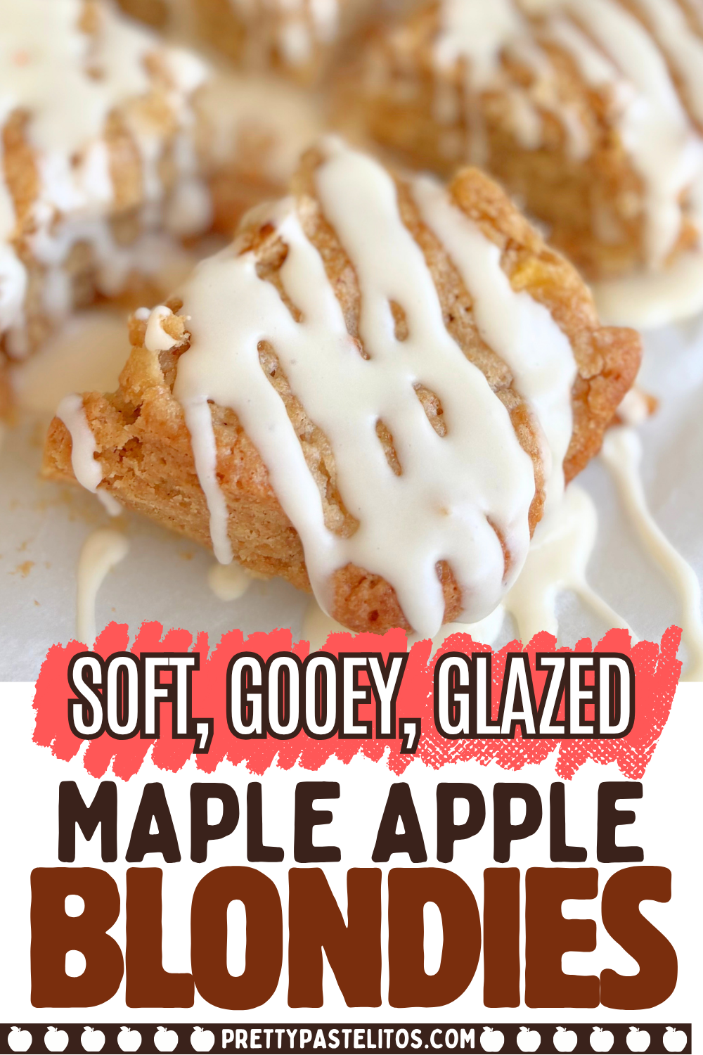 Cozy up with these Maple Apple Blondies; a quick and easy apple blondies recipe made in one bowl with maple syrup, warm spices, and a simple maple glaze. Perfect for busy bakers looking for pretty maple dessert recipes for fall.
