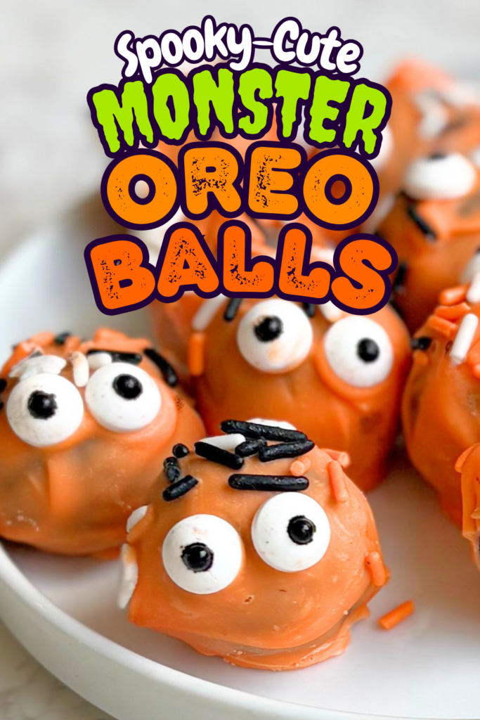 Make Monster Halloween Oreo Balls with just Halloween Oreos, cream cheese, and colorful candy melts. These no bake Halloween treats are cute, spooky, and perfect for easy Halloween desserts for parties or movie night. 