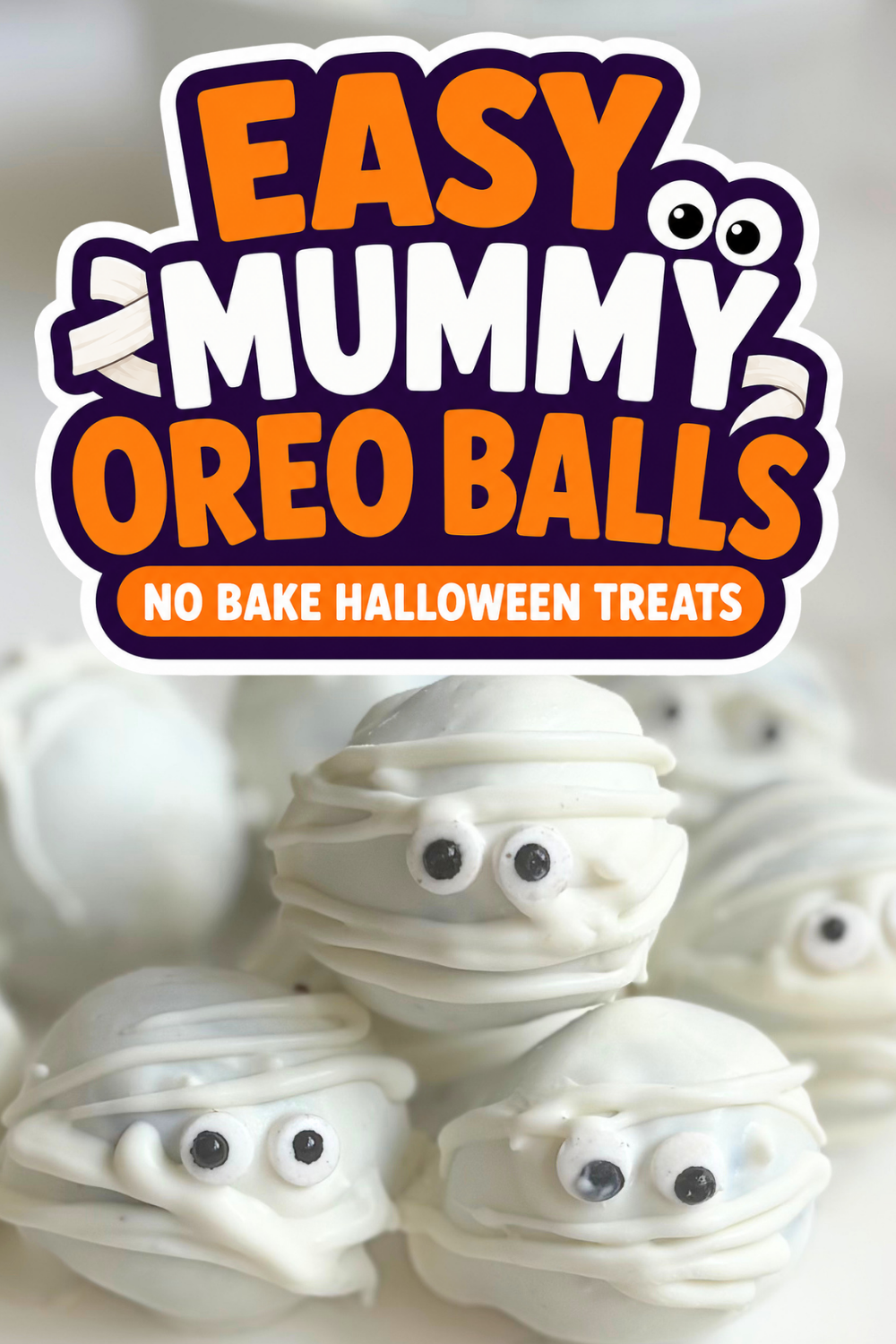 Make Mummy Oreo Balls with Halloween Oreos, cream cheese, white candy melts, and candy eyes. These easy no bake Halloween treats are perfect for parties.