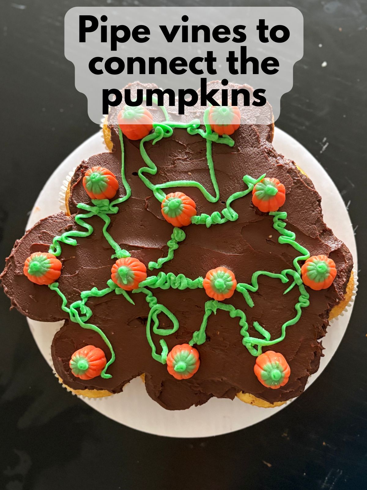 green frosting vines drawn on pumpkin patch cake