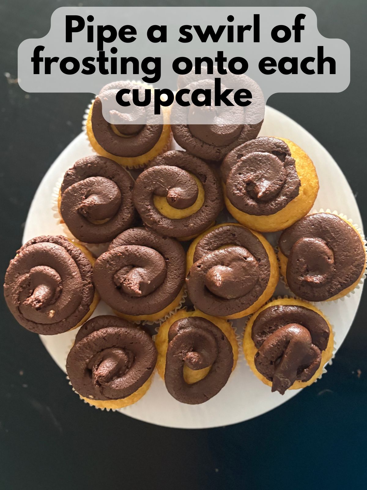 chocolate frosting swirled on top of each cupcake.