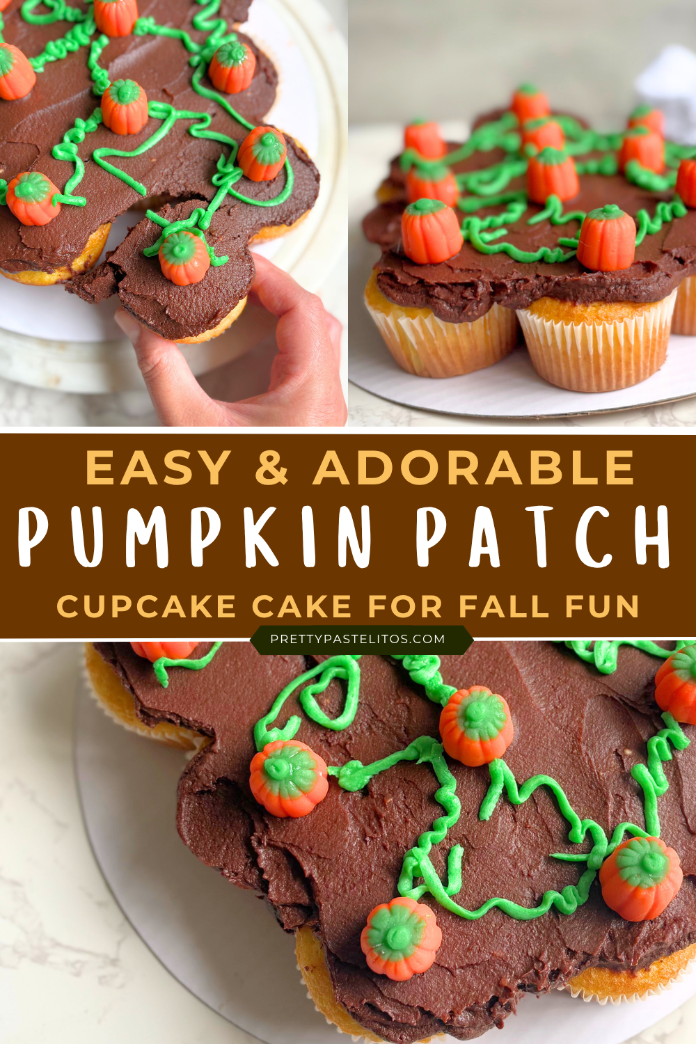 Make this easy Pumpkin Patch Pull Apart Cupcake Cake with yellow cake mix, rich chocolate frosting, green icing vines and candy pumpkins. A cute, no slice cake mix dessert that is perfect for fun fall desserts, Halloween parties and Friendsgiving.