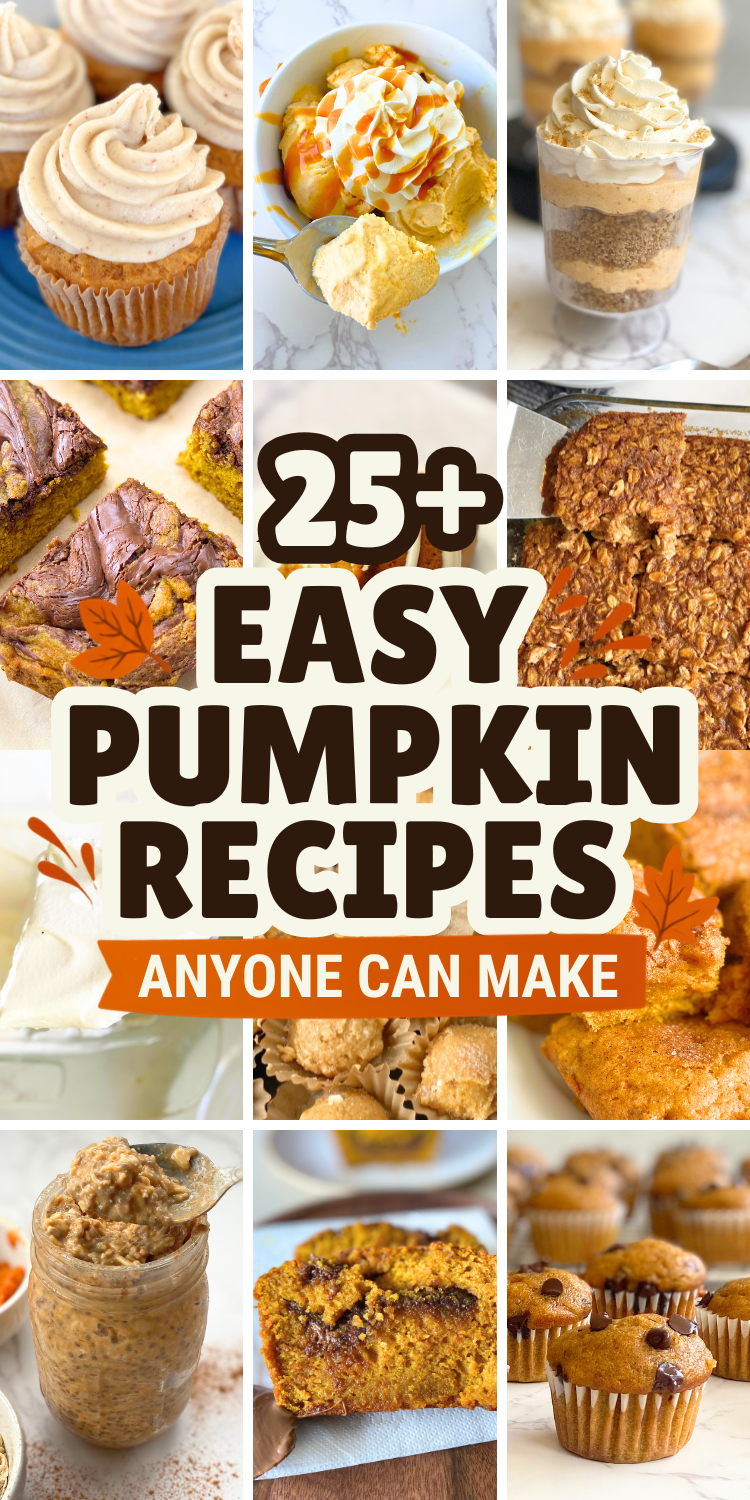 Discover 25 pumpkin recipes to make this fall, including easy pumpkin desserts, muffins, breakfast ideas, cupcakes, cookies and no-bake treats.