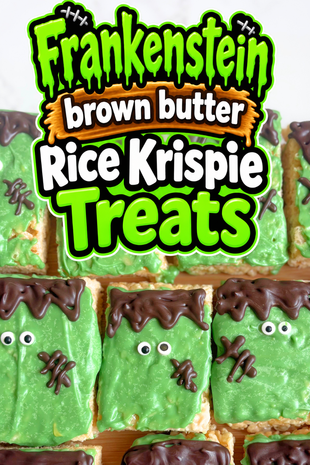 Make easy Frankenstein Rice Krispie Treats with gooey brown butter rice krispie treats, green candy melts, and cute candy eyes. Perfect no bake Halloween treats for busy bakers, parties, and school events.