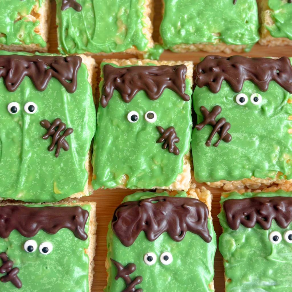 Make easy Frankenstein Rice Krispie Treats with gooey brown butter rice krispie treats, green candy melts, and cute candy eyes. Perfect no bake Halloween treats for busy bakers, parties, and school events.