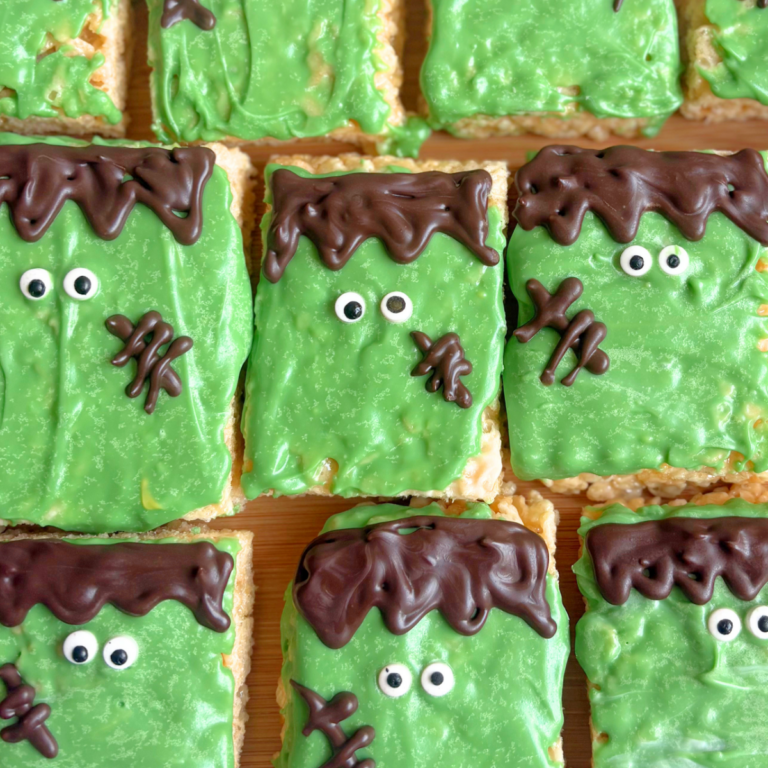 Make easy Frankenstein Rice Krispie Treats with gooey brown butter rice krispie treats, green candy melts, and cute candy eyes. Perfect no bake Halloween treats for busy bakers, parties, and school events.