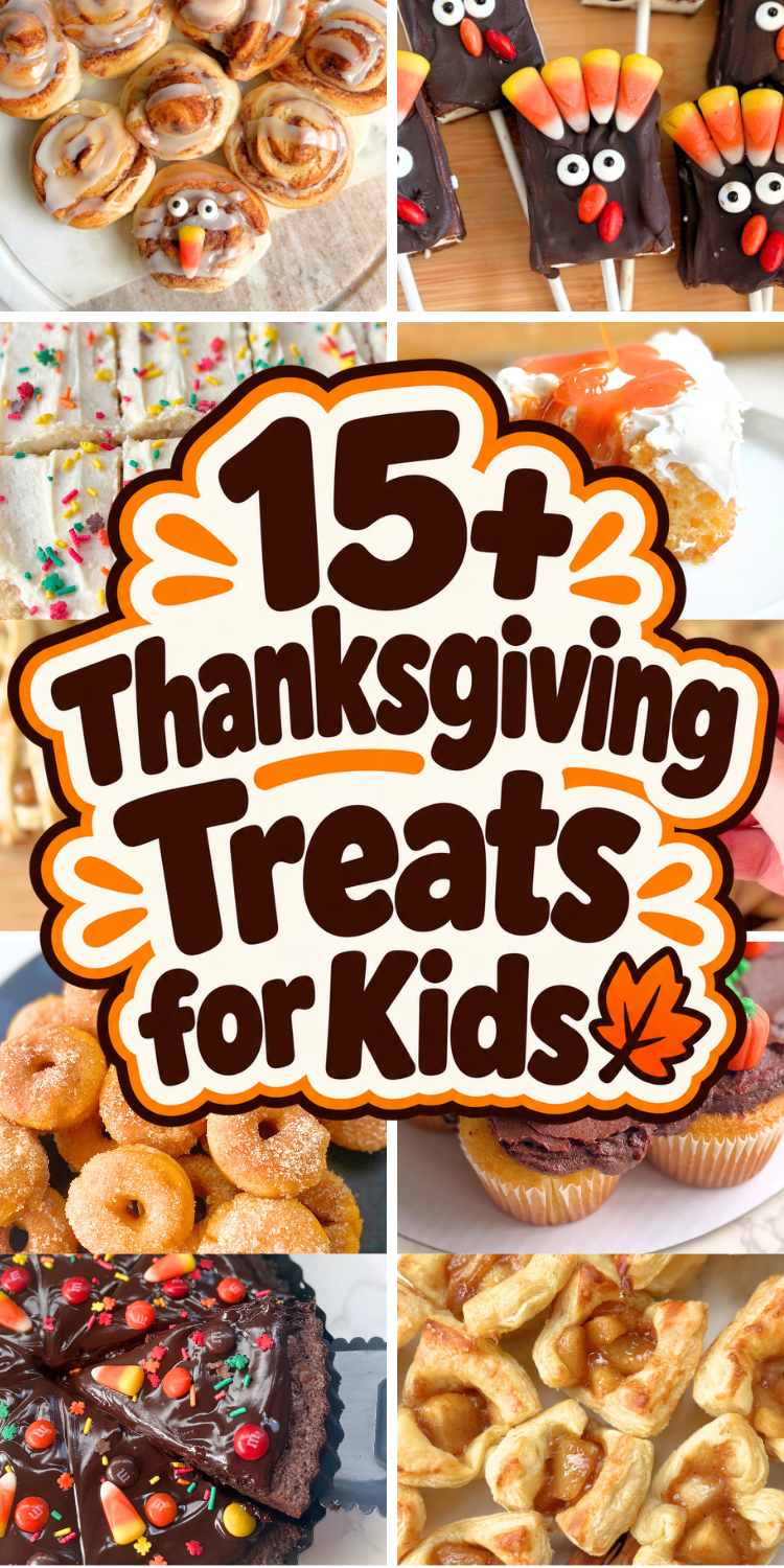 Find 16=5+ fun Thanksgiving treats for kids, from turkey-shaped sweets and sprinkle cookie bars to mini apple pies and easy pumpkin desserts.