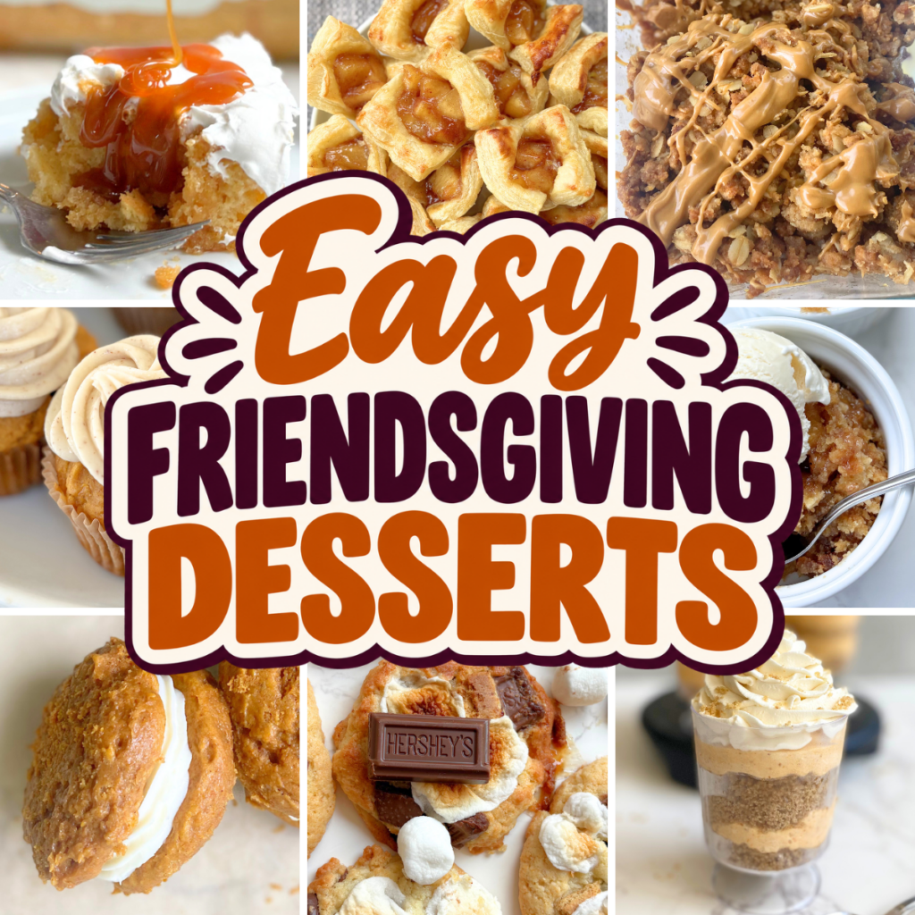 Find 30 easy Friendsgiving desserts, including pumpkin treats, apple favorites, cookies, bars, cakes, and simple no-bake recipes for a crowd.