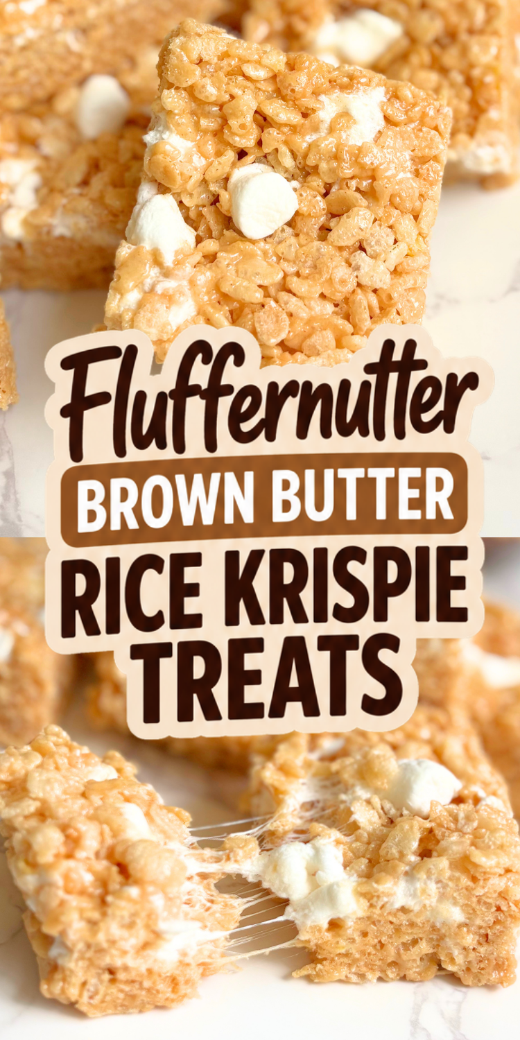 Make Fluffernutter Brown Butter Rice Krispie Treats in just 15 minutes; gooey no bake bars with brown butter, creamy peanut butter, and extra mini marshmallows. Perfect easy dessert for busy weeks, potlucks, and parties.  
