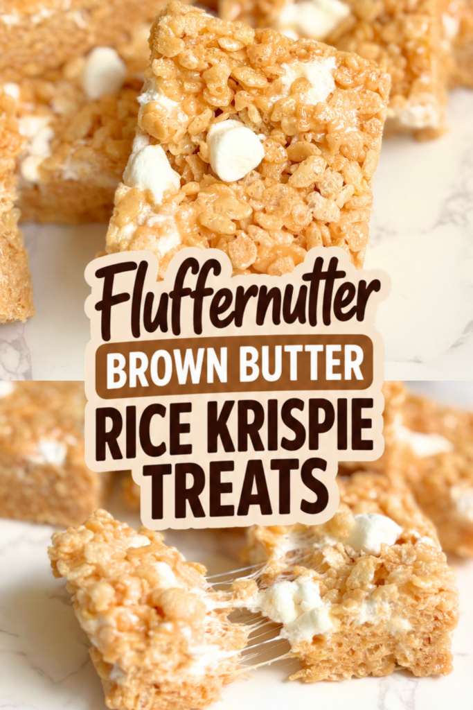 Make Fluffernutter Brown Butter Rice Krispie Treats in just 15 minutes; gooey no bake bars with brown butter, creamy peanut butter, and extra mini marshmallows. Perfect easy dessert for busy weeks, potlucks, and parties.