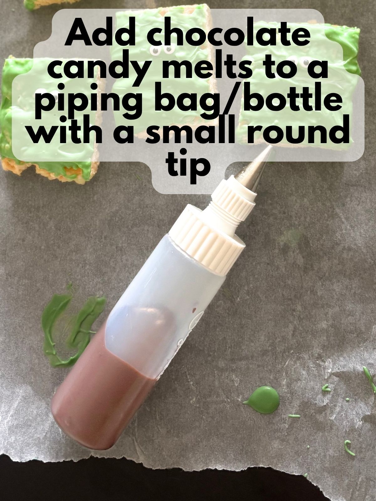 chocolate candy melts in a piping bottle with a small round tip