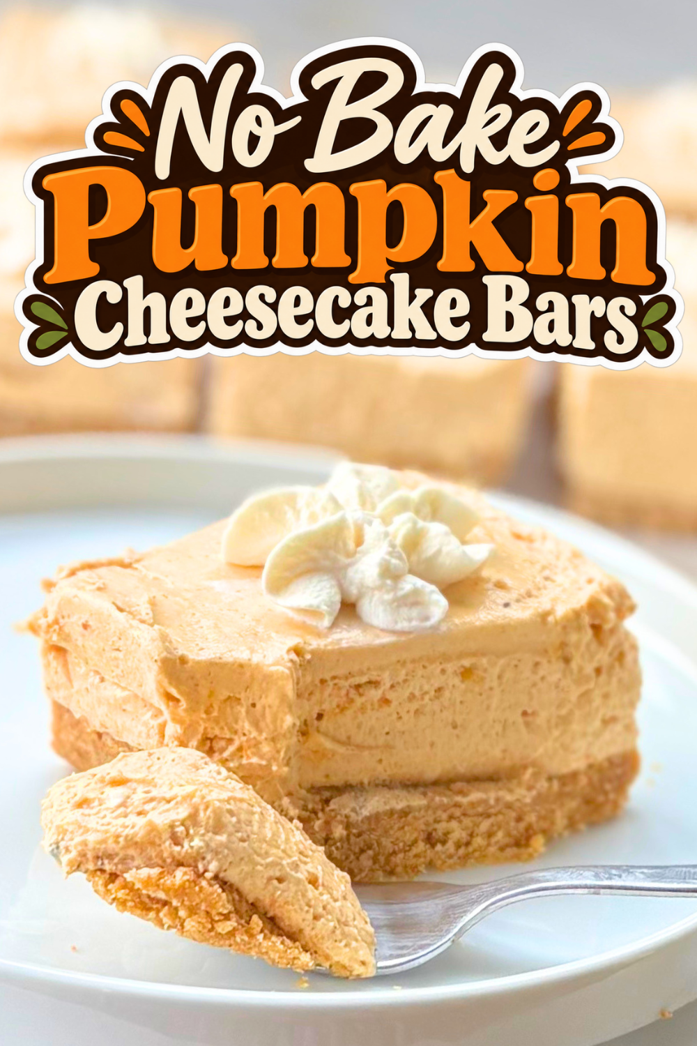 Make these easy No Bake Pumpkin Cheesecake Bars with a buttery graham cracker crust and creamy pumpkin cheesecake filling. Perfect for quick pumpkin desserts, fall parties and holiday gatherings with zero oven time.