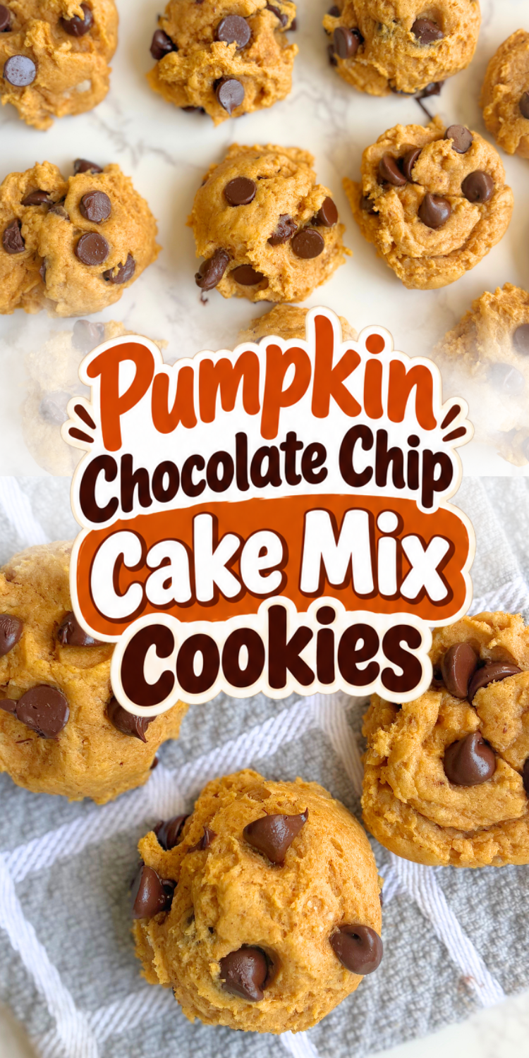 Make soft, cozy Pumpkin Chocolate Chip Cake Mix Cookies with just a box of yellow cake mix, pumpkin puree, spices, and chocolate chips. This quick recipe is perfect for busy bakers who love easy desserts with few ingredients and big fall flavor.