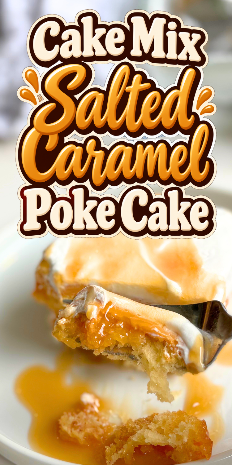 Make this easy Salted Caramel Poke Cake with a yellow cake mix, salted caramel filling, dulce de leche cream cheese frosting, and Cool Whip topping. A quick, gorgeous cake mix dessert that busy bakers can whip up in no time.
