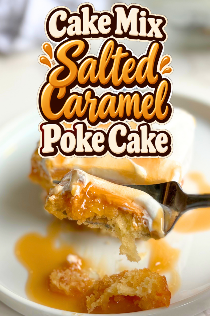 Make this easy Salted Caramel Poke Cake with a yellow cake mix, salted caramel filling, dulce de leche cream cheese frosting, and Cool Whip topping. A quick, gorgeous cake mix dessert that busy bakers can whip up in no time.