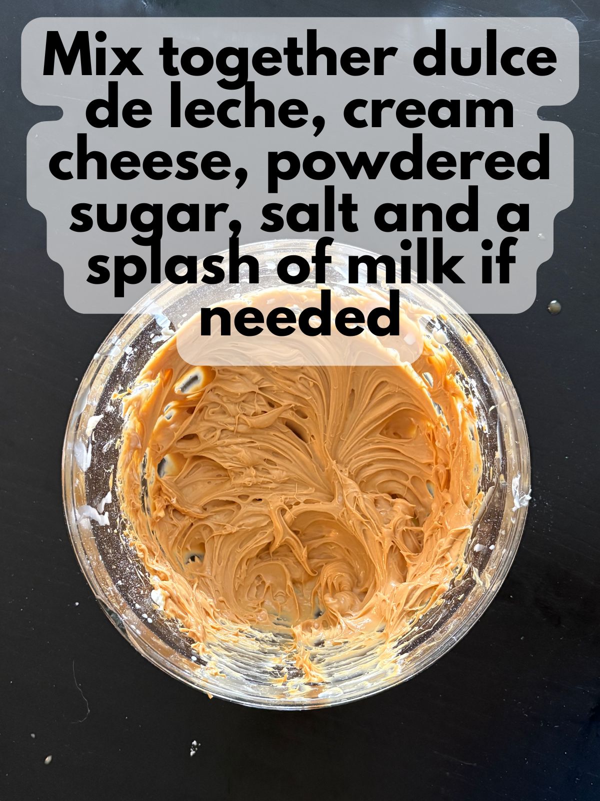 dulce de leche cream cheese frosting in a mixing bowl